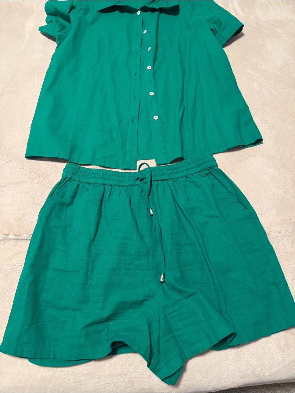 Women's Teal Elastic-Waist Linen Blend Bermudas